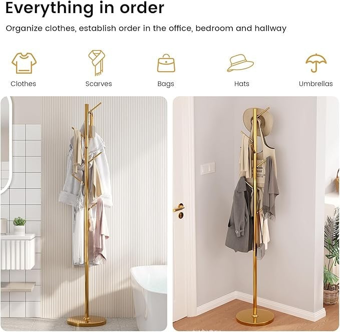 Gold Metal Coat Rack Stand with 8 Hooks | Modern Tree Branch Freestanding