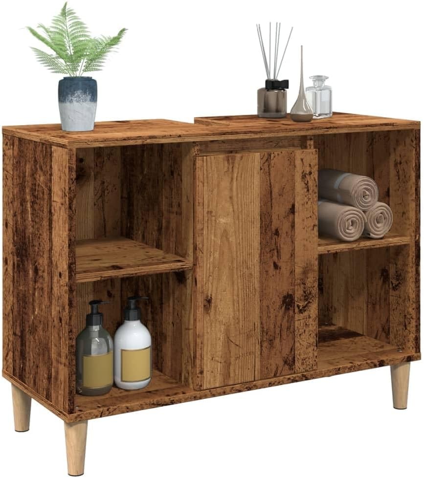 Rustic Old Wood Bathroom Sink Cabinet – Vintage Vanity Unit with Shelves 80cm (S