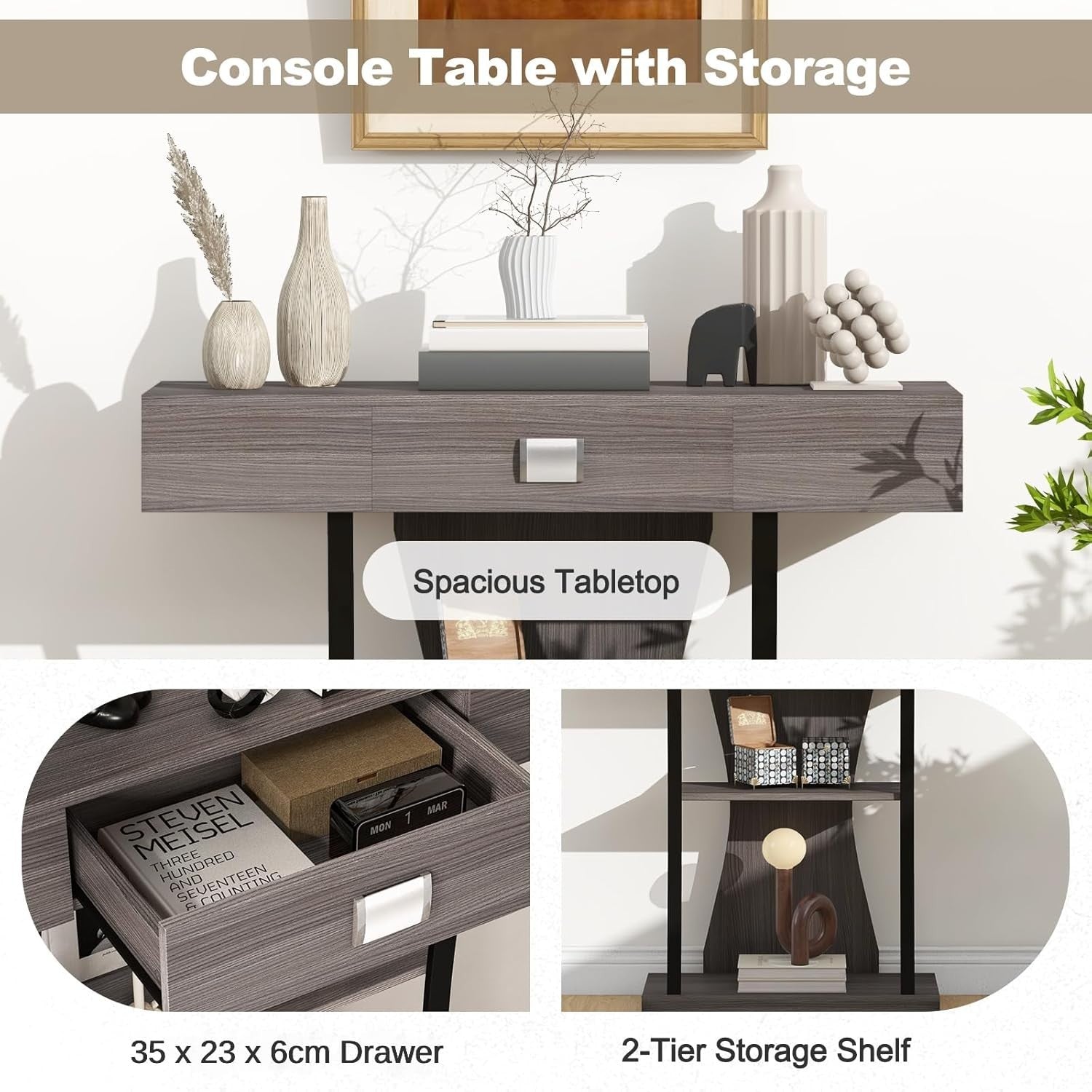 Slim Grey Console Table with Drawer & Shelves – Narrow Entryway Storage