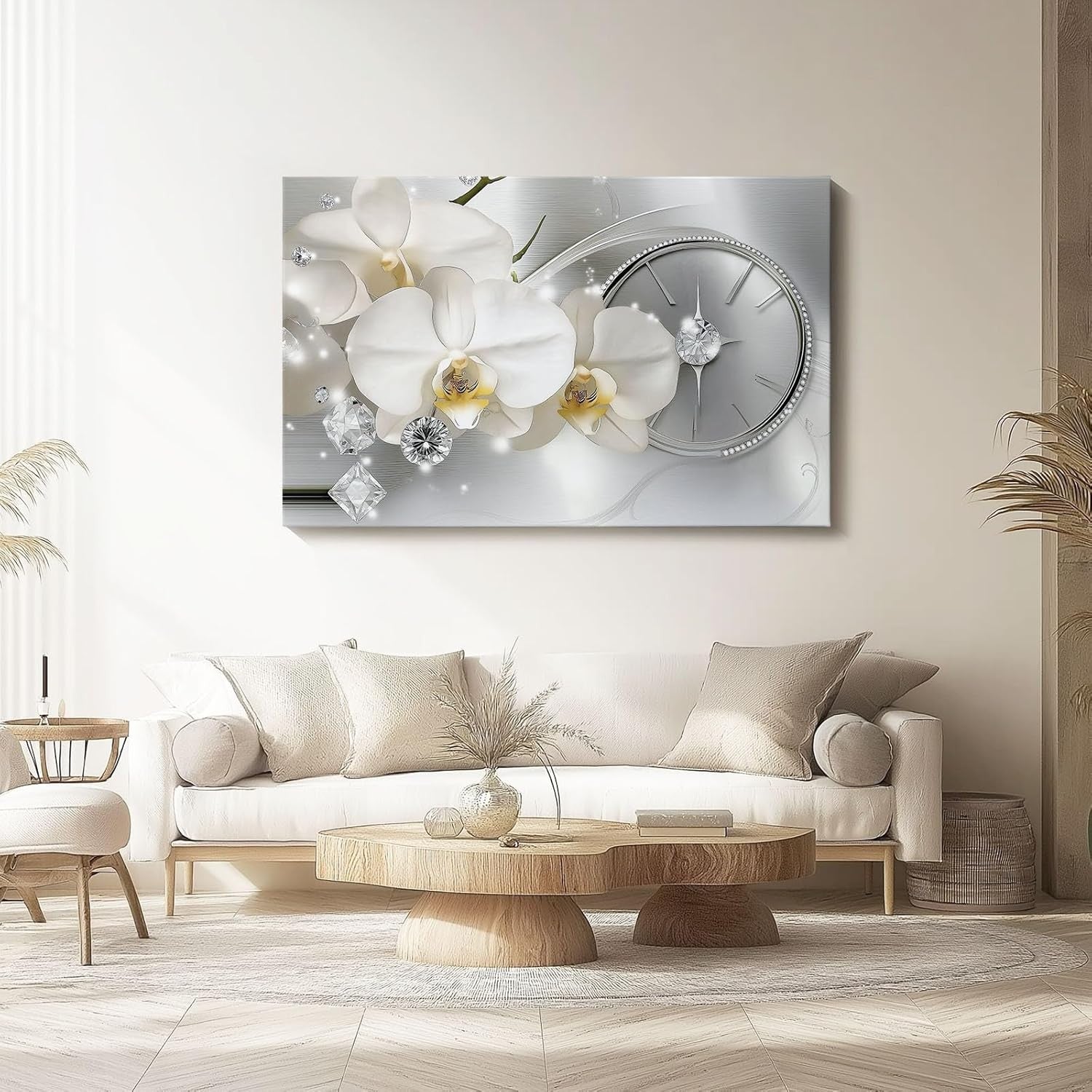 Large White Orchid Canvas Wall Art 76x51cm Silver Modern Print