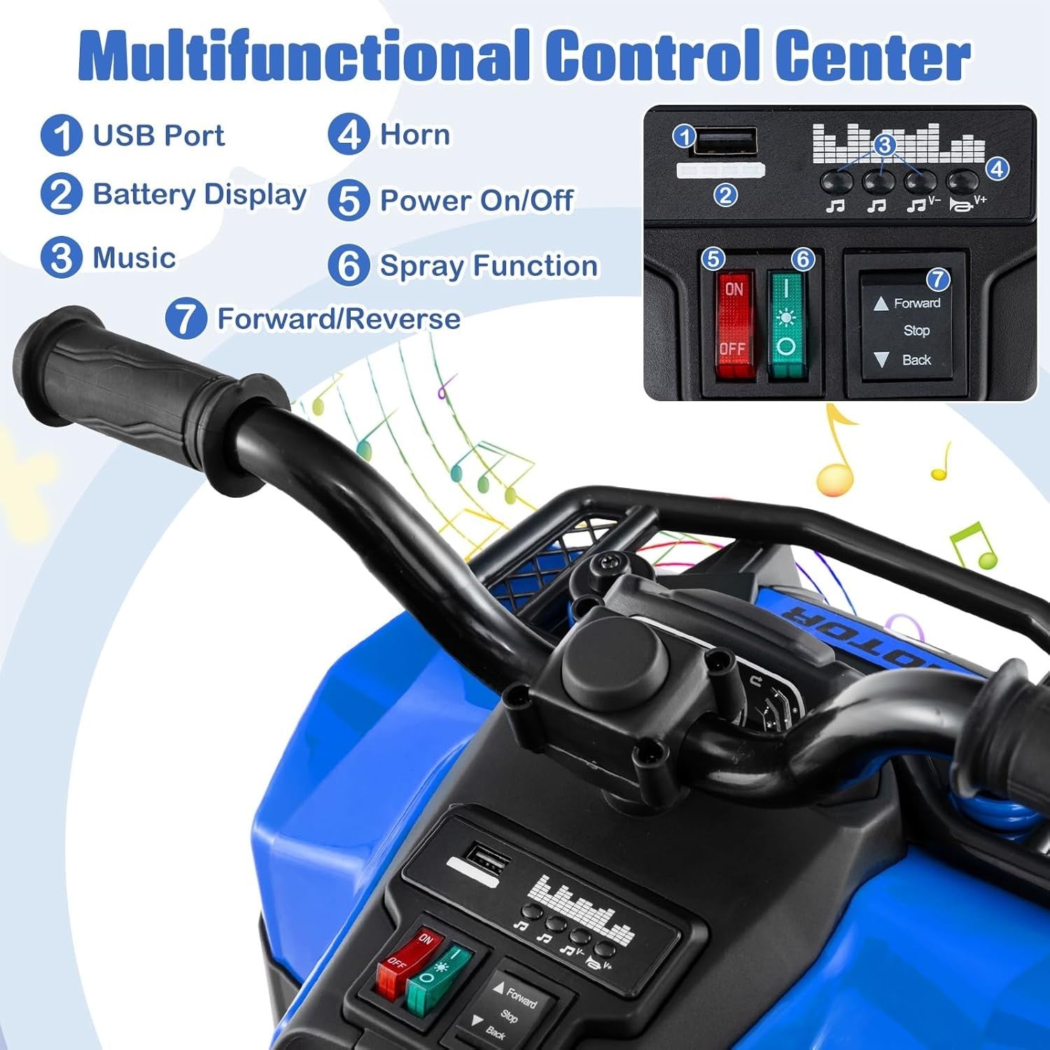 Kids Electric Quad Bike 6V Ride On ATV LED Lights Music Blue 20kg