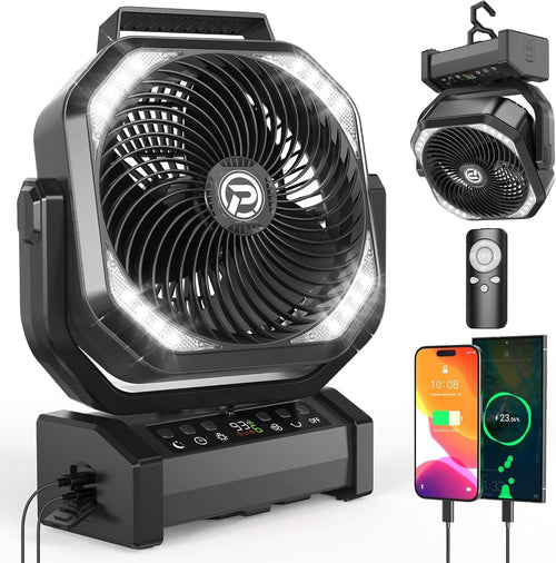 Black Camping Fan – 20000mAh Rechargeable w/ LED Light, 9 Speeds & Remote Timer