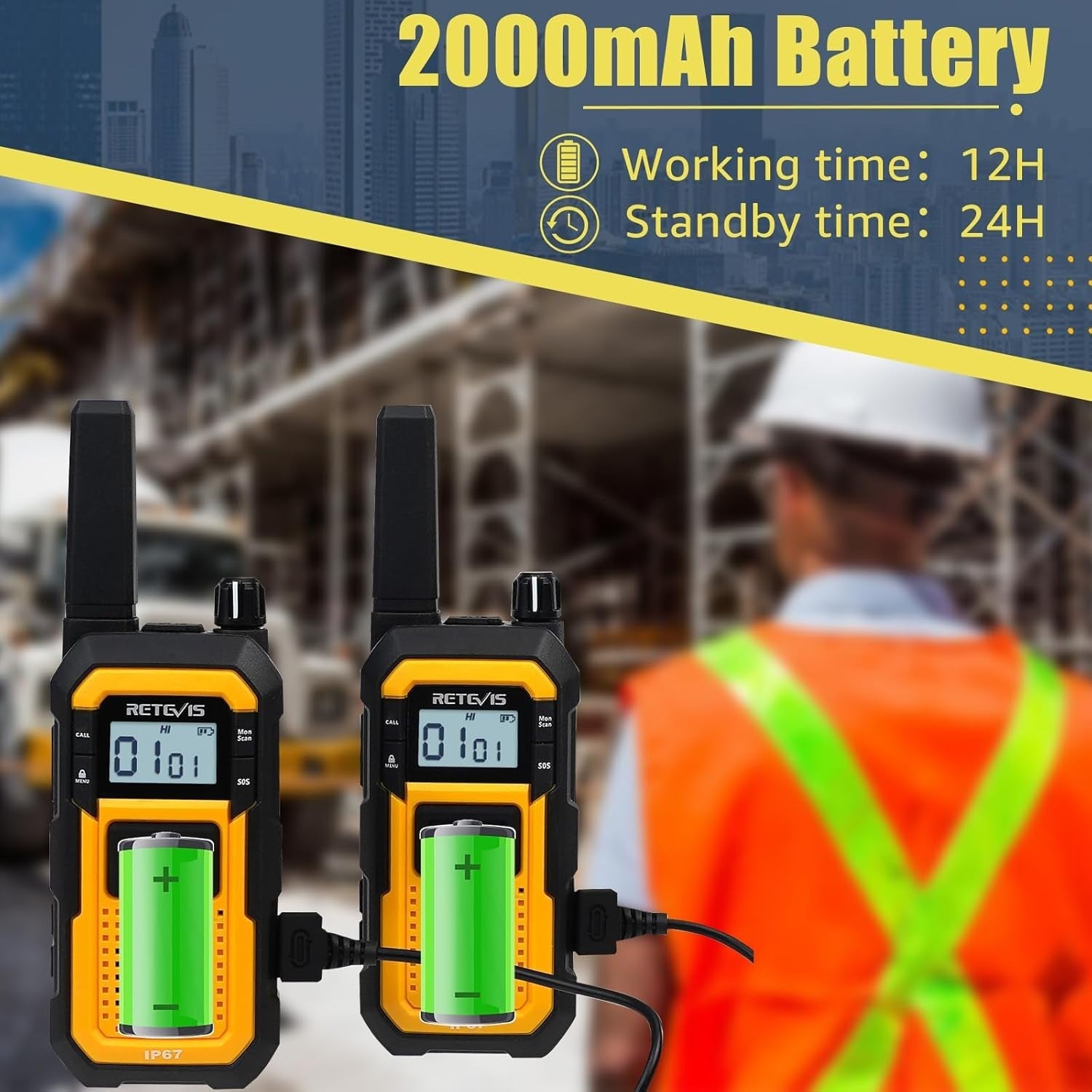 Waterproof Heavy Duty Walkie Talkies IP67 VOX Dual PTT 2 Pack