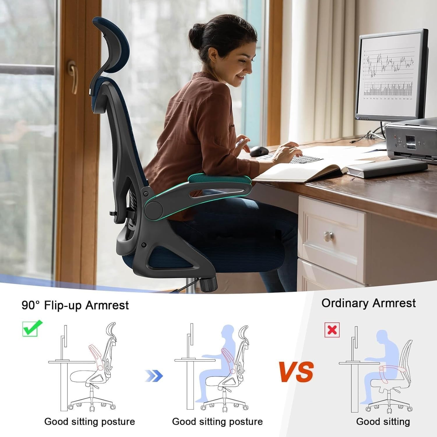Ergonomic Office Chair High Back Mesh Flip-up Armrests Adjustable Lumbar Support