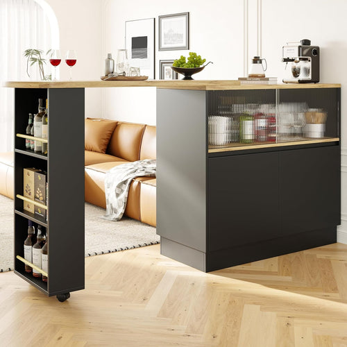 360° Swivel Kitchen Island with Storage Cabinet, Extendable Bar Table 90x45x100