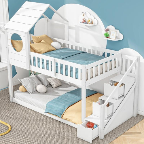Kids White Wooden Bunk Bed with Storage Ladder 3FT Playhouse Cabin Bed Frame