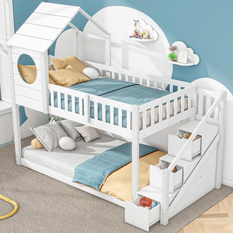 Kids White Wooden Bunk Bed with Storage Ladder 3FT Playhouse Cabin Bed Frame