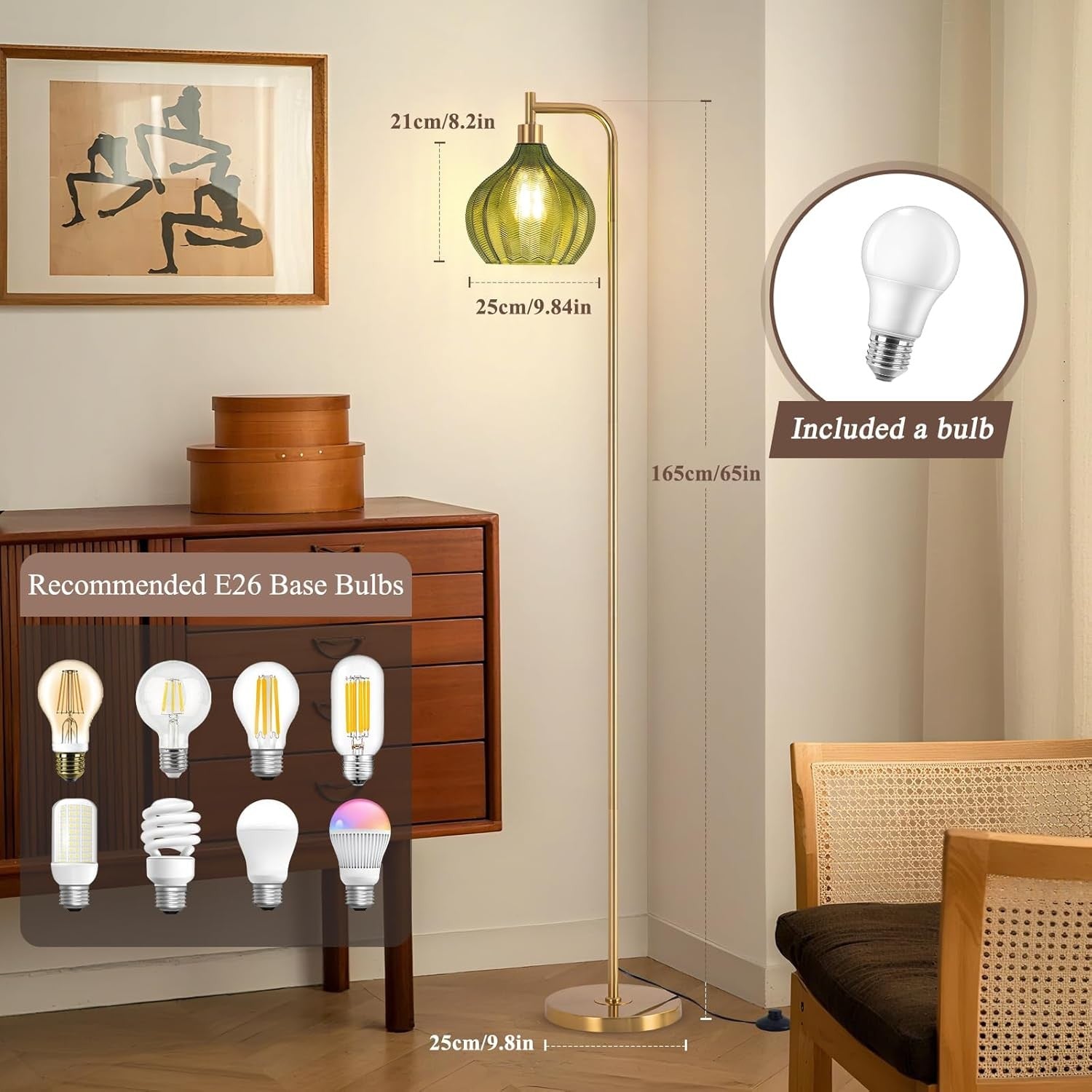 Gold Arc Floor Lamp Dimmable Remote Green Glass Shade LED Tall Standing
