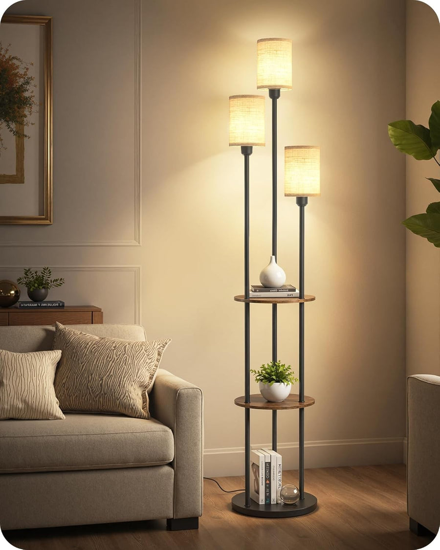 Industrial Floor Lamp with Shelves 3 Light Linen Shades Standing Lamp