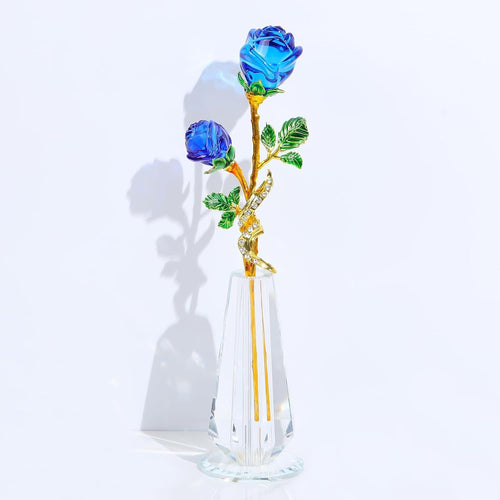 Blue Crystal Rose Flower Figurine with Vase – Luxury Glass Ornament Gift Decor