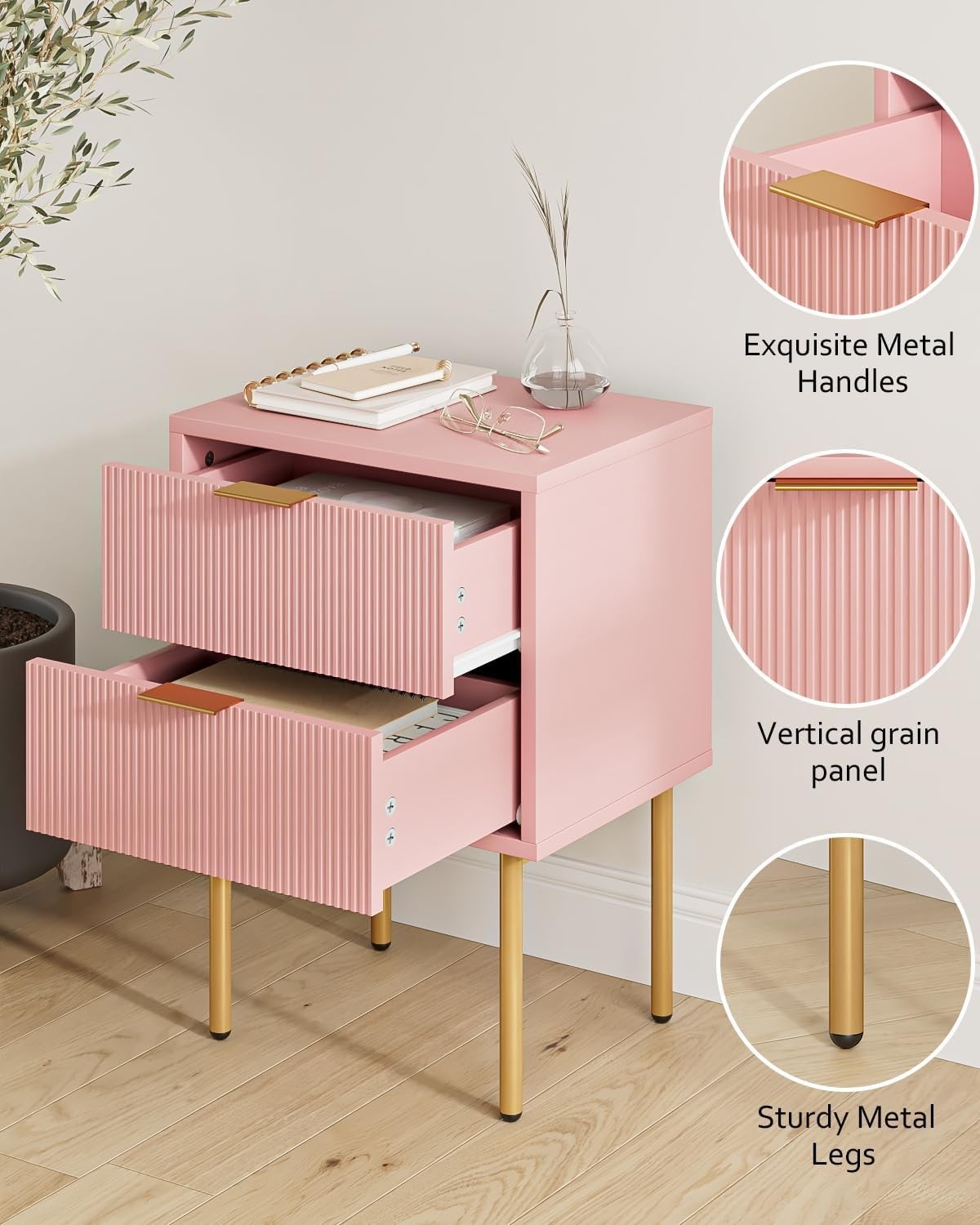Modern Pink Bedside Table with 2 Drawers & Gold Legs | Wooden Nightstand