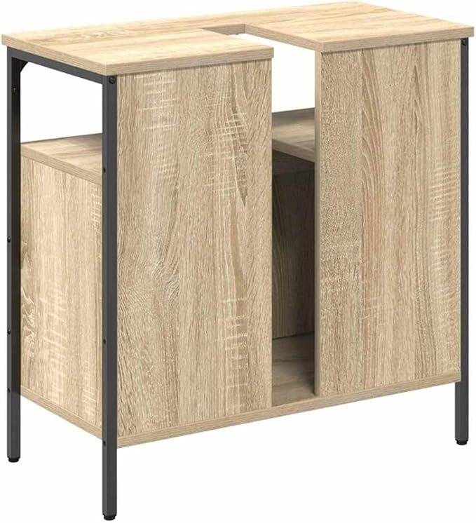 Beige Bathroom Sink Cabinet 60cm Vanity Unit Storage Cupboard with Metal Legs