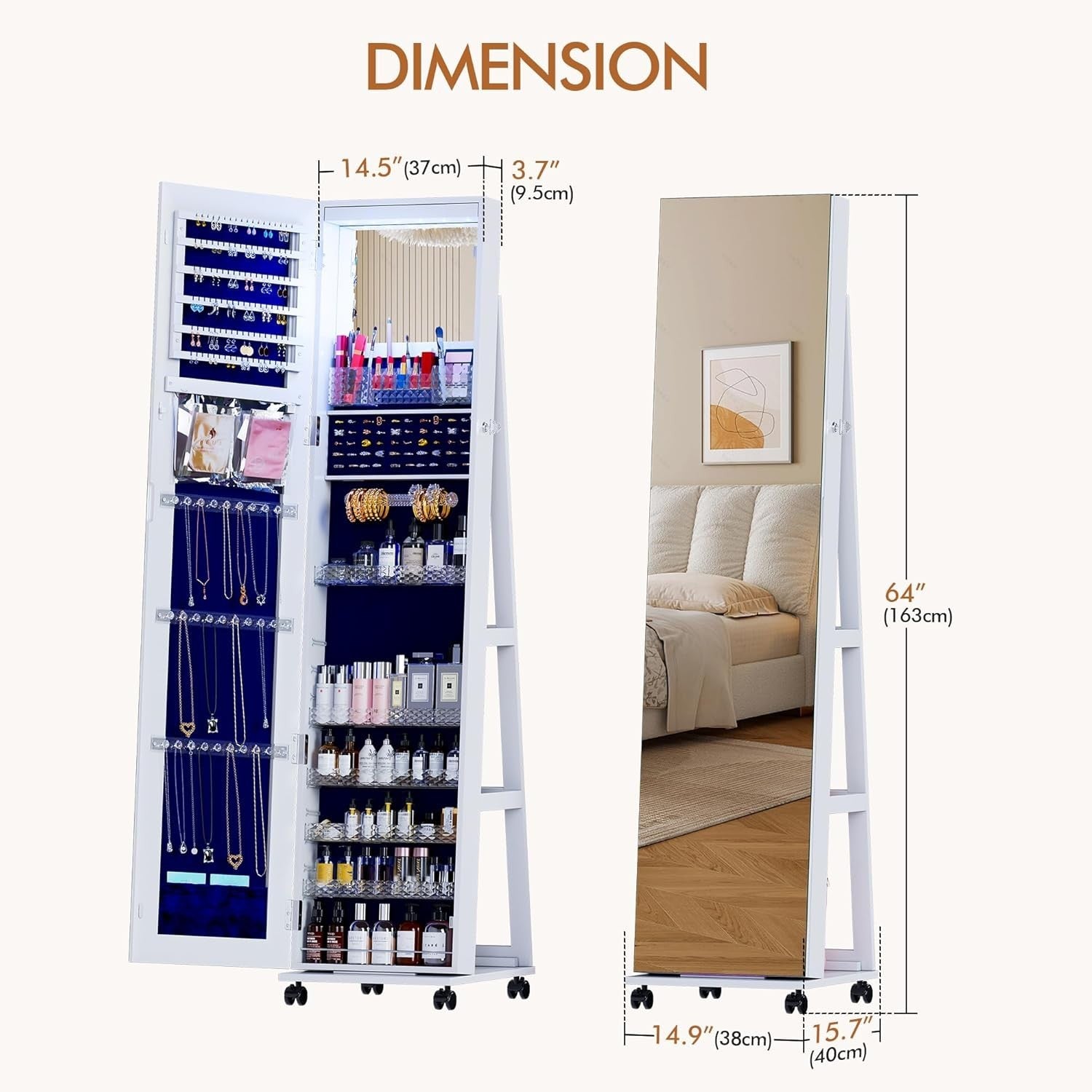 White 360° Rotating Jewellery Cabinet Full Length Mirror with Wheels