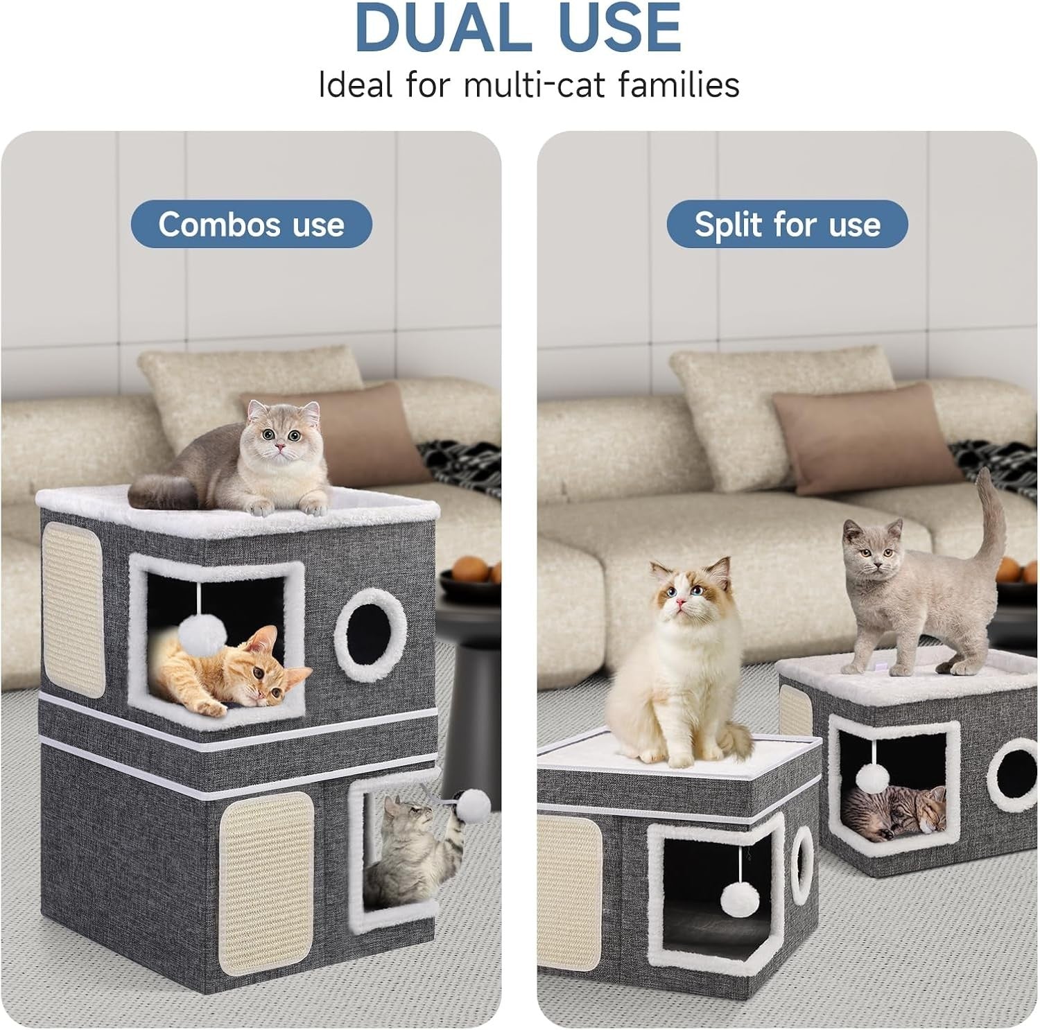 3 Tier Foldable Cat Cube House Cat Cave Condo w Scratch Pads Balls