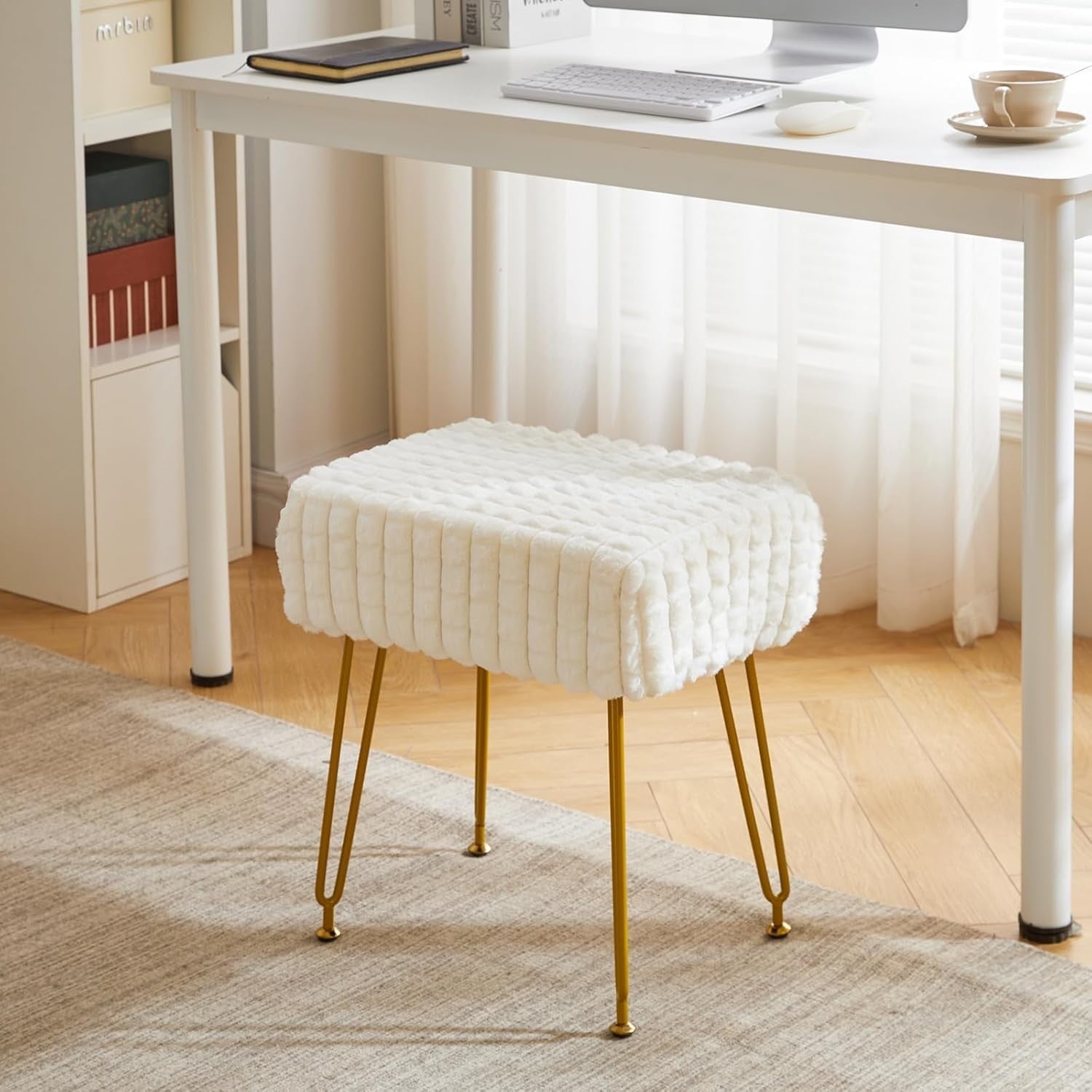 White Velvet Footrest Stool Ottoman – Golder Legs, Compact Vanity Seat