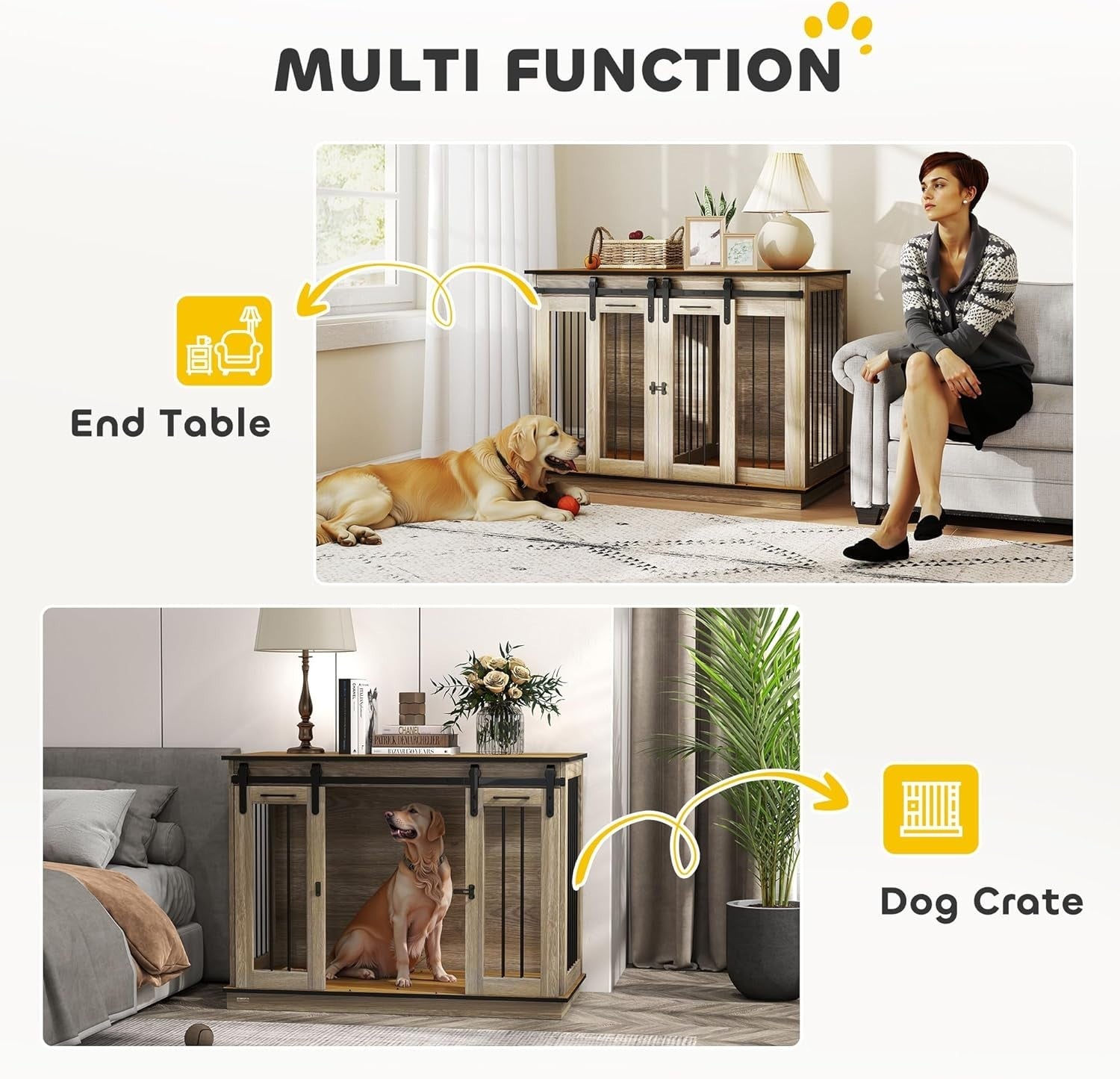 Large Oak Tone Dog Crate Furniture with Divider, Sliding Doors & Side Table