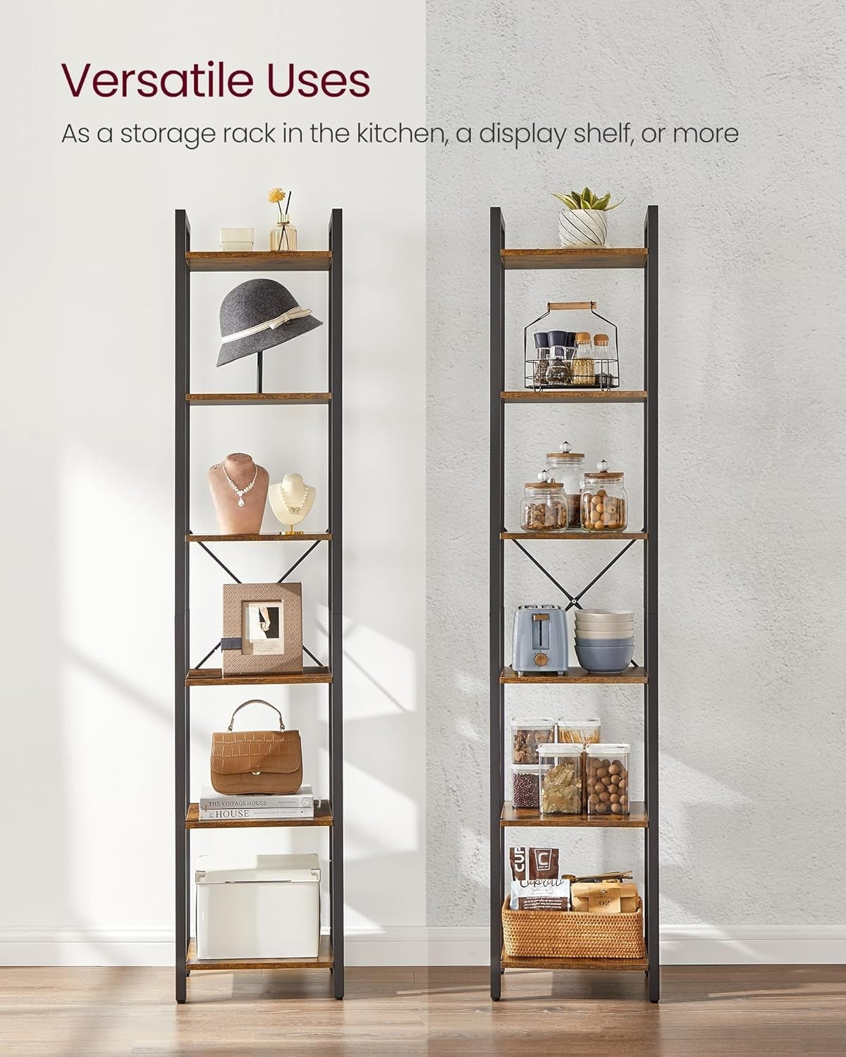 6-Tier Rustic Industrial Bookcase – Tall Narrow Storage Shelf 187.5cm