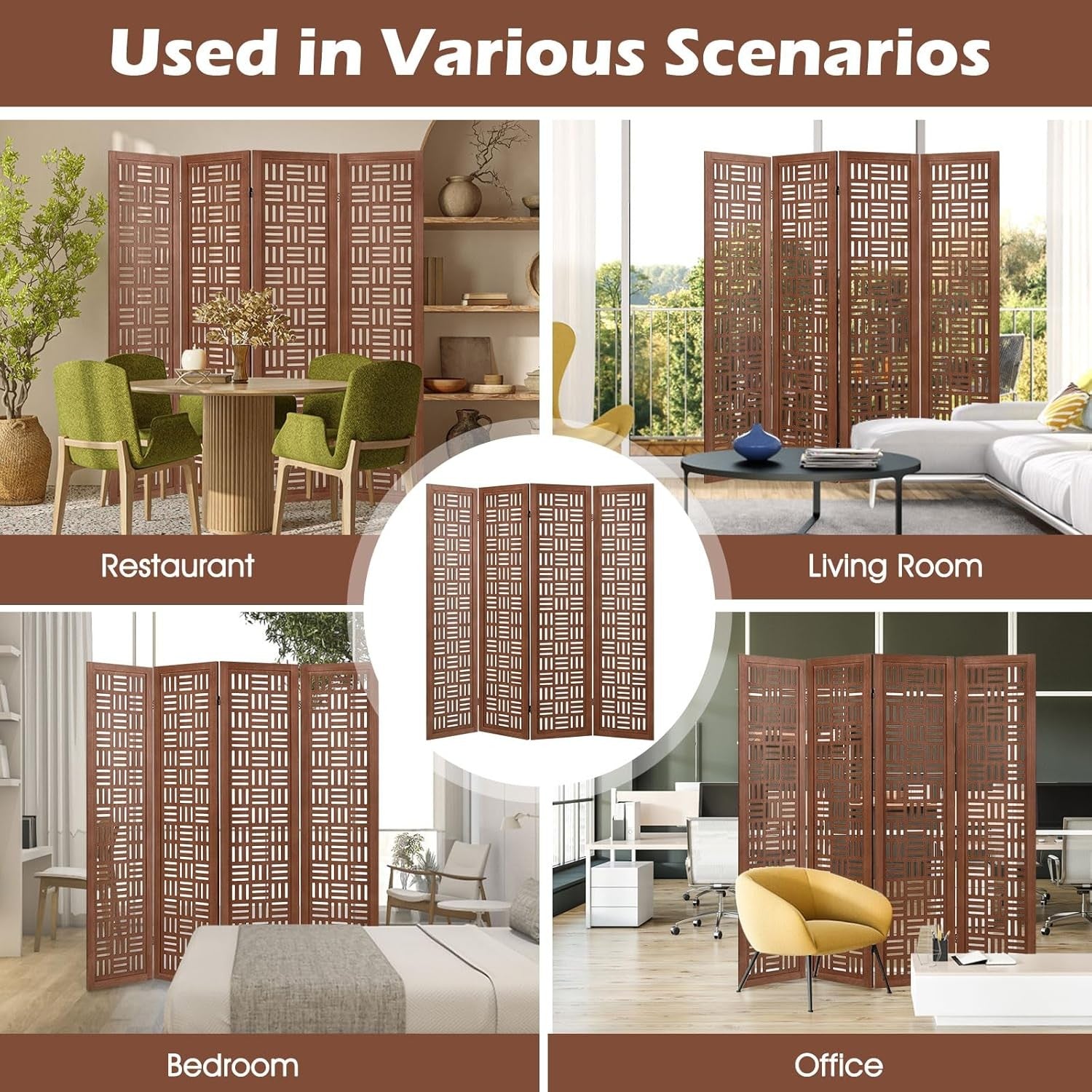 4 Panel Brown Carved Wood Folding Room Divider Privacy Screen 160x165cm
