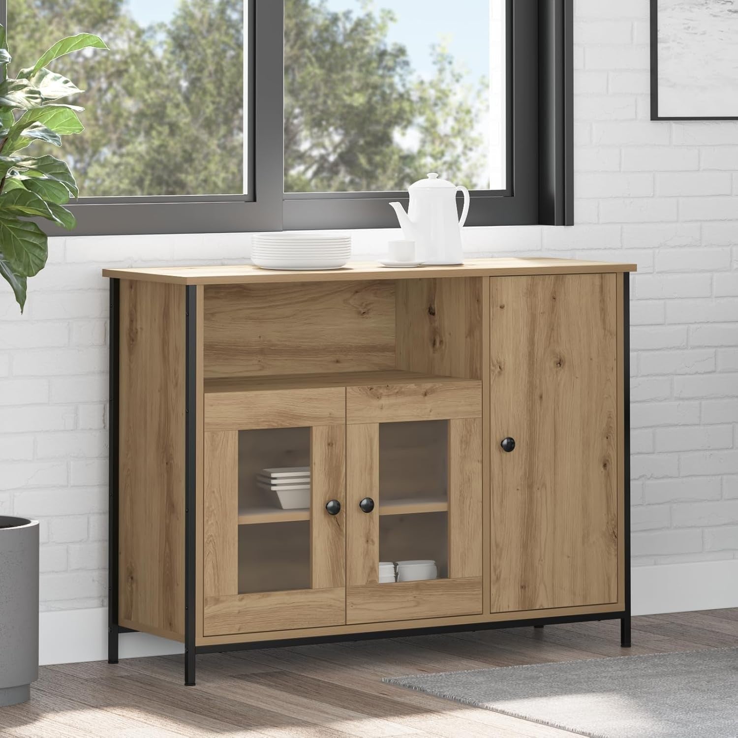 Oak Sideboard Cabinet Glass Doors Storage Unit Modern Wood Buffet Table