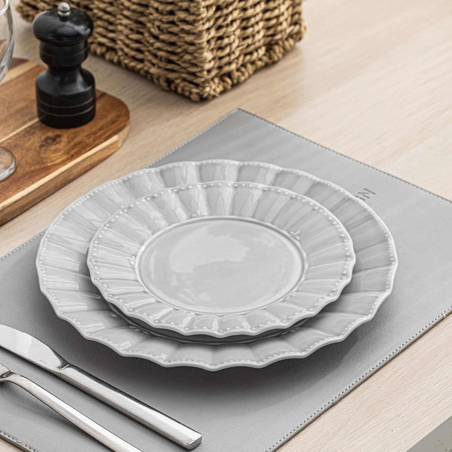 12 Piece Porcelain Dinner Set Grey Plates Bowls Microwave Dishwasher Safe