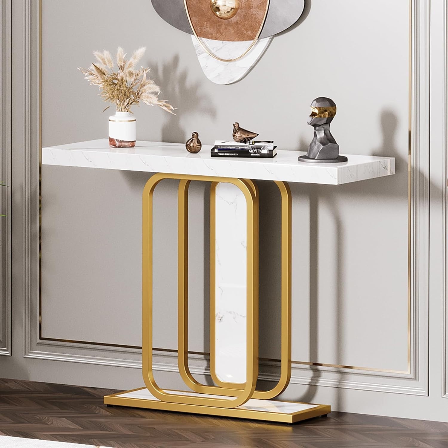 Modern White & Gold Console Table 41.3" Entryway, Faux Marble, Sturdy Metal Legs