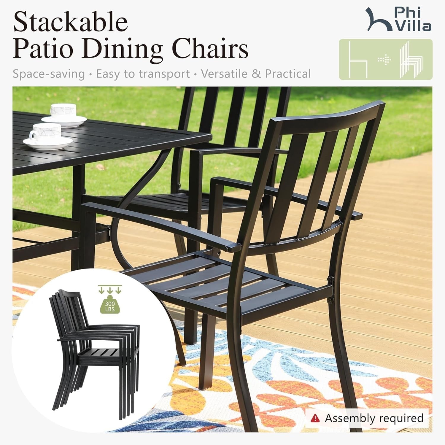 5 Piece Outdoor Patio Dining Set Metal Garden Table & Stackable Chairs