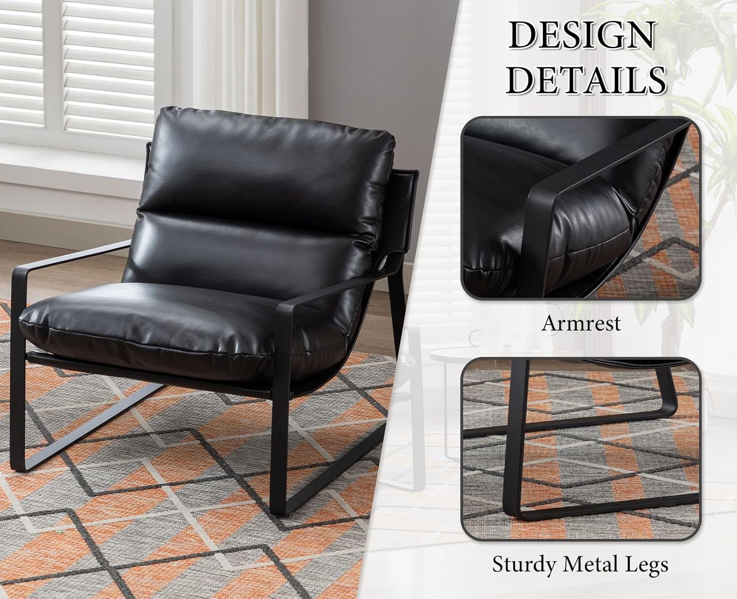 Black PU Leather Accent Chair Modern Lounge Armchair Metal Frame