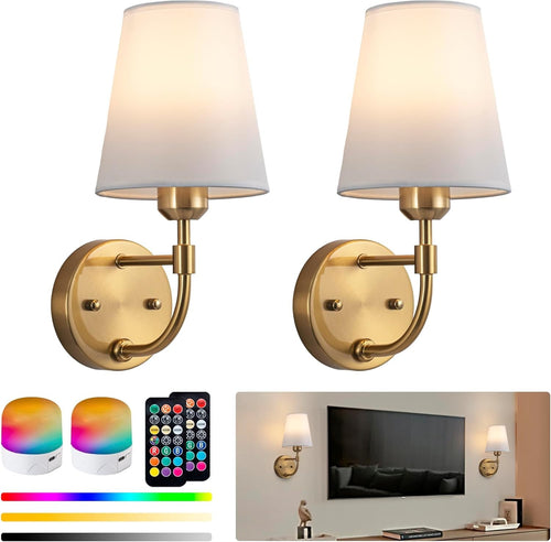 Battery Operated Wall Sconces Set of 2, Rechargeable RGB LED Lights + Remote