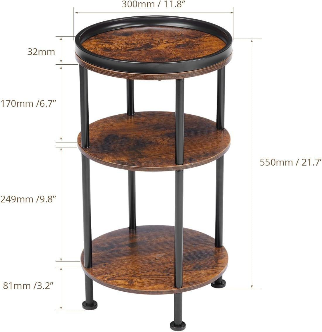 3 Tier Round Side Table with Storage Shelf Metal Frame Small Space Brown 30x55.