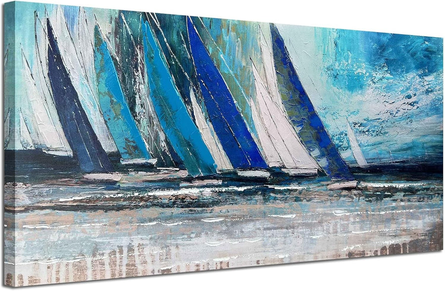 40×20″ Teal Ocean Sailboat Canvas Wall Art – Modern Nautical Decor