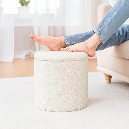 White Round Storage Ottoman Footstool 3-in-1 Seat with Lid 33x33x35cm