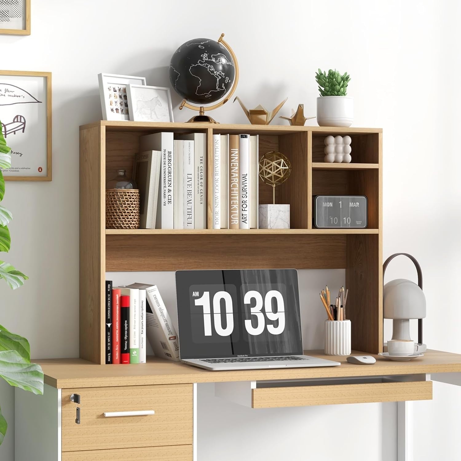 Natural Desktop Bookshelf Hutch 4-Shelf Countertop Storage Rack Monitor