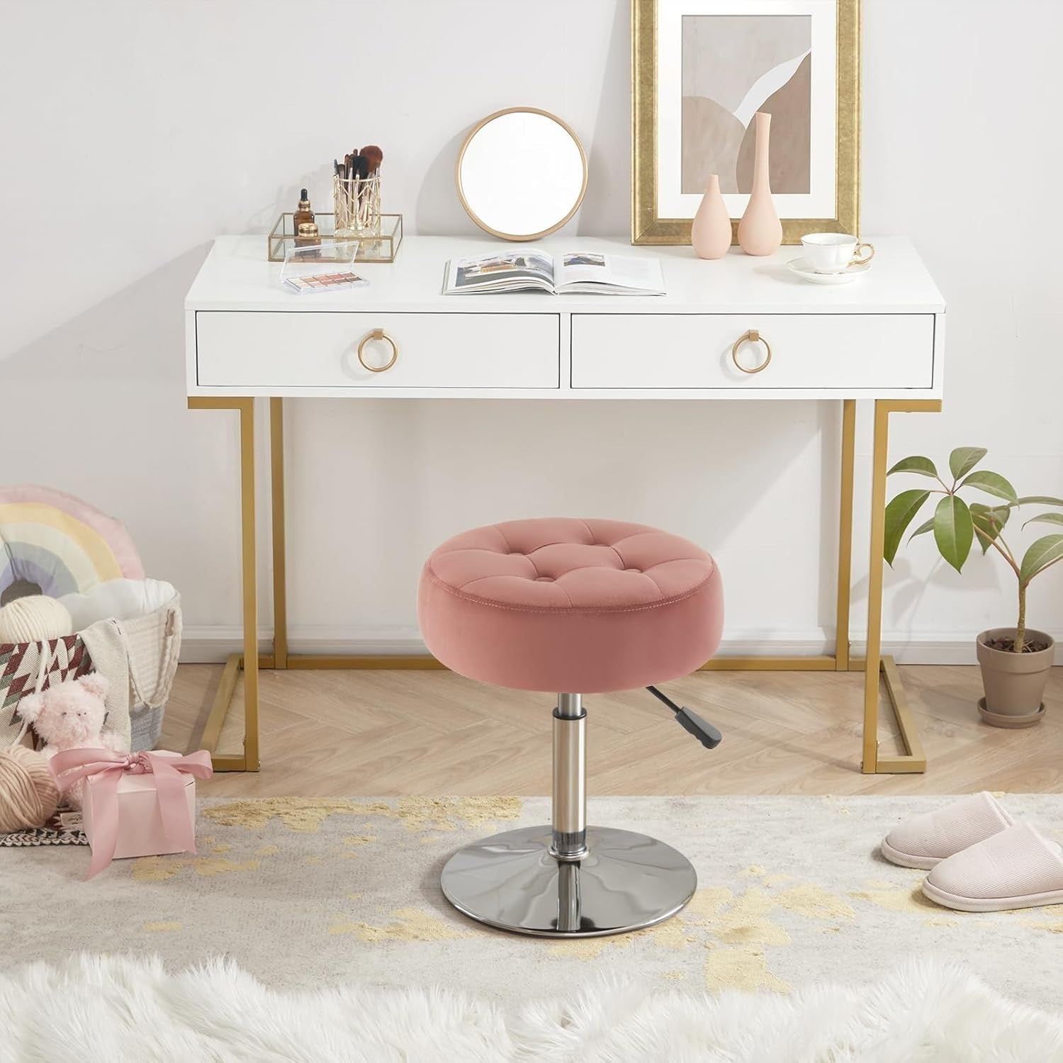 Pink Velvet Swivel Vanity Stool – Adjustable Tufted Round Makeup Chair Chrome