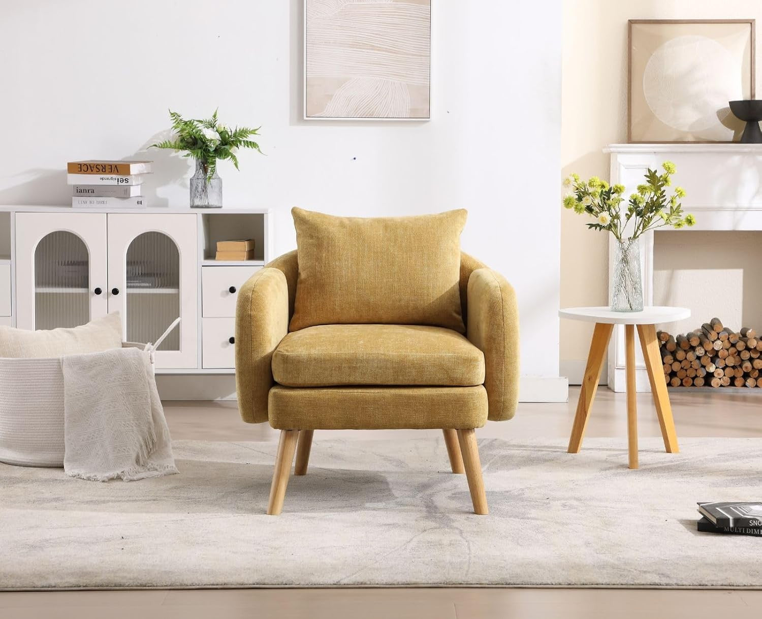 Chenille Tub Chair Yellow Lounge Armchair Wood Legs