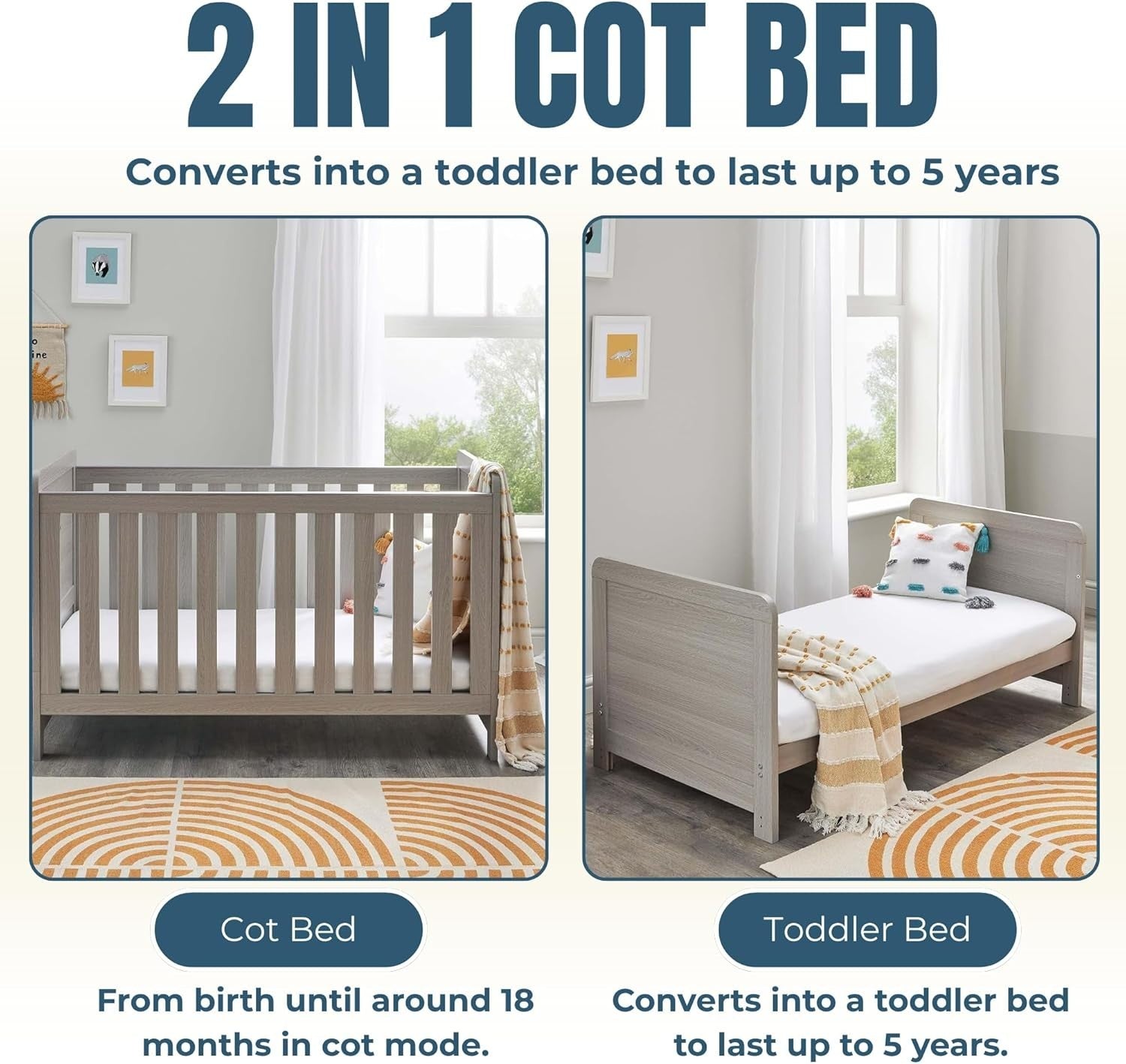 Convertible Baby Cot Bed Toddler Bed Adjustable Height w/ Teething Rails Grey