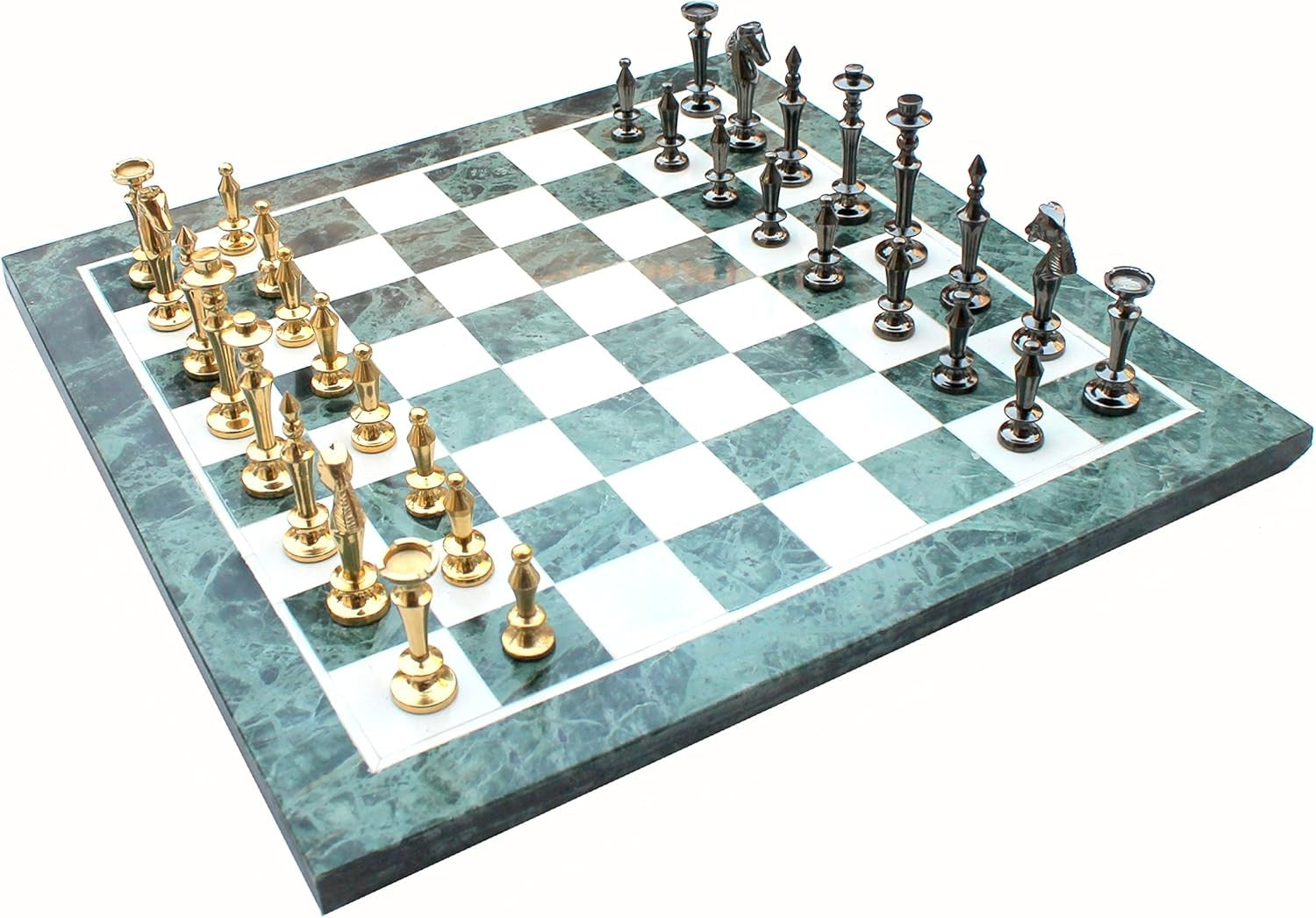 15" Green Marble Chess Set | Handcrafted Stone Board & Brass Pieces | Luxury Gif