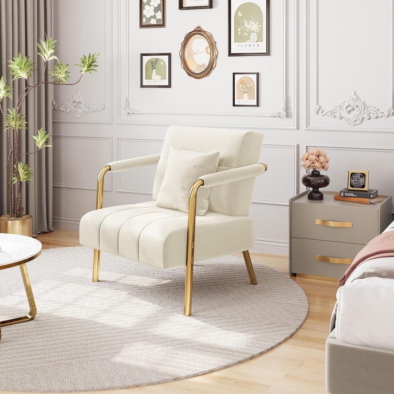 Modern Velvet Accent Armchair – Beige Upholstered Lounge Chair with Gold Legs