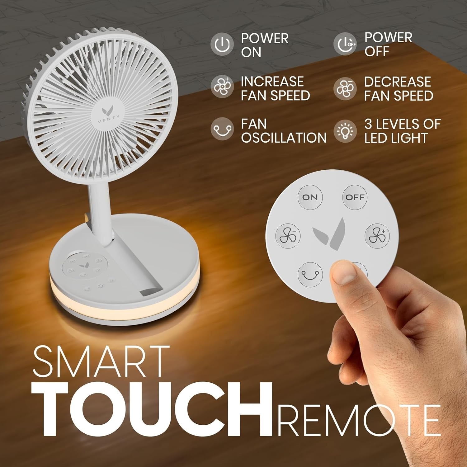 Portable Foldable Fan 4-Speed w Remote LED Light USB-C Rechargeable White w Case