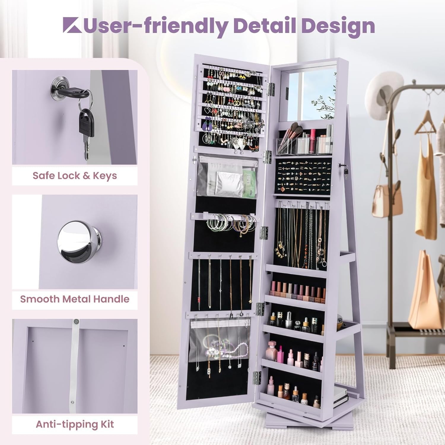 Purple 360° Swivel Jewelry Cabinet Mirror Lockable 3-in-1 Storage Stand