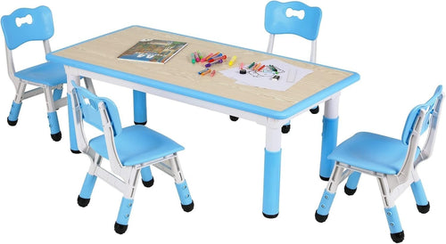 Height Adjustable Kids Table & 4 Chairs Set, Safe Plastic, 120x60cm Blue