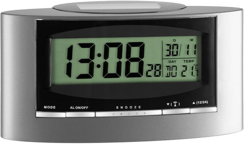 Solar Powered Radio Controlled Alarm Clock LCD Snooze Silver Black