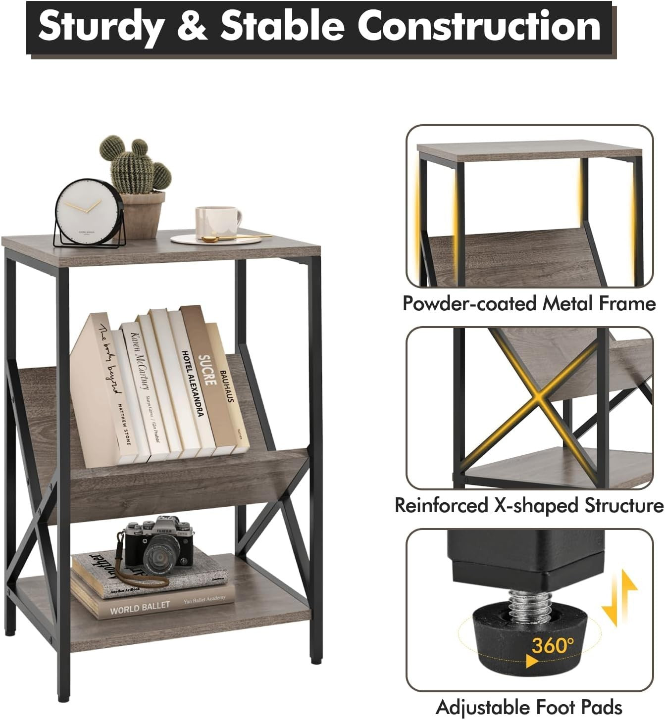 3-Tier Industrial Sofa Side Table with V-Shaped Magazine Holder & Storage