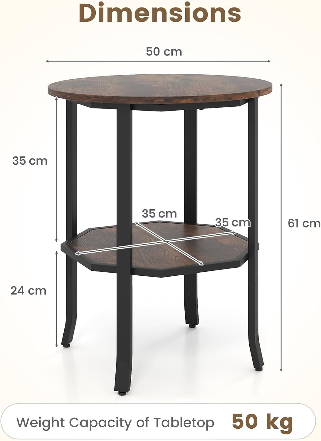 Rustic Brown Round Side Table | 2-Tier Industrial Sofa End Table with Shelf 50×6
