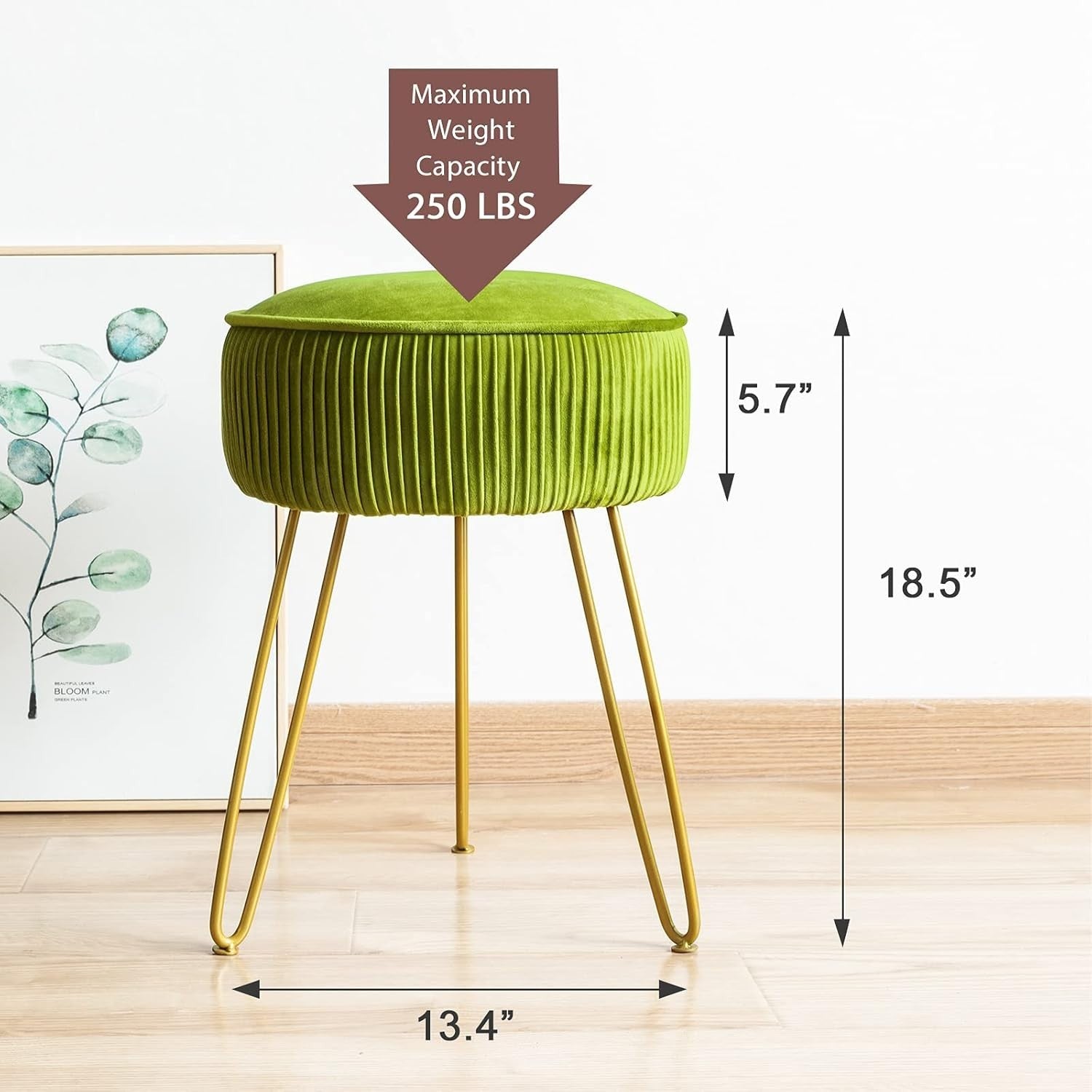 Matcha Green Pleated Velvet Vanity Stool Round Ottoman with Metal Legs