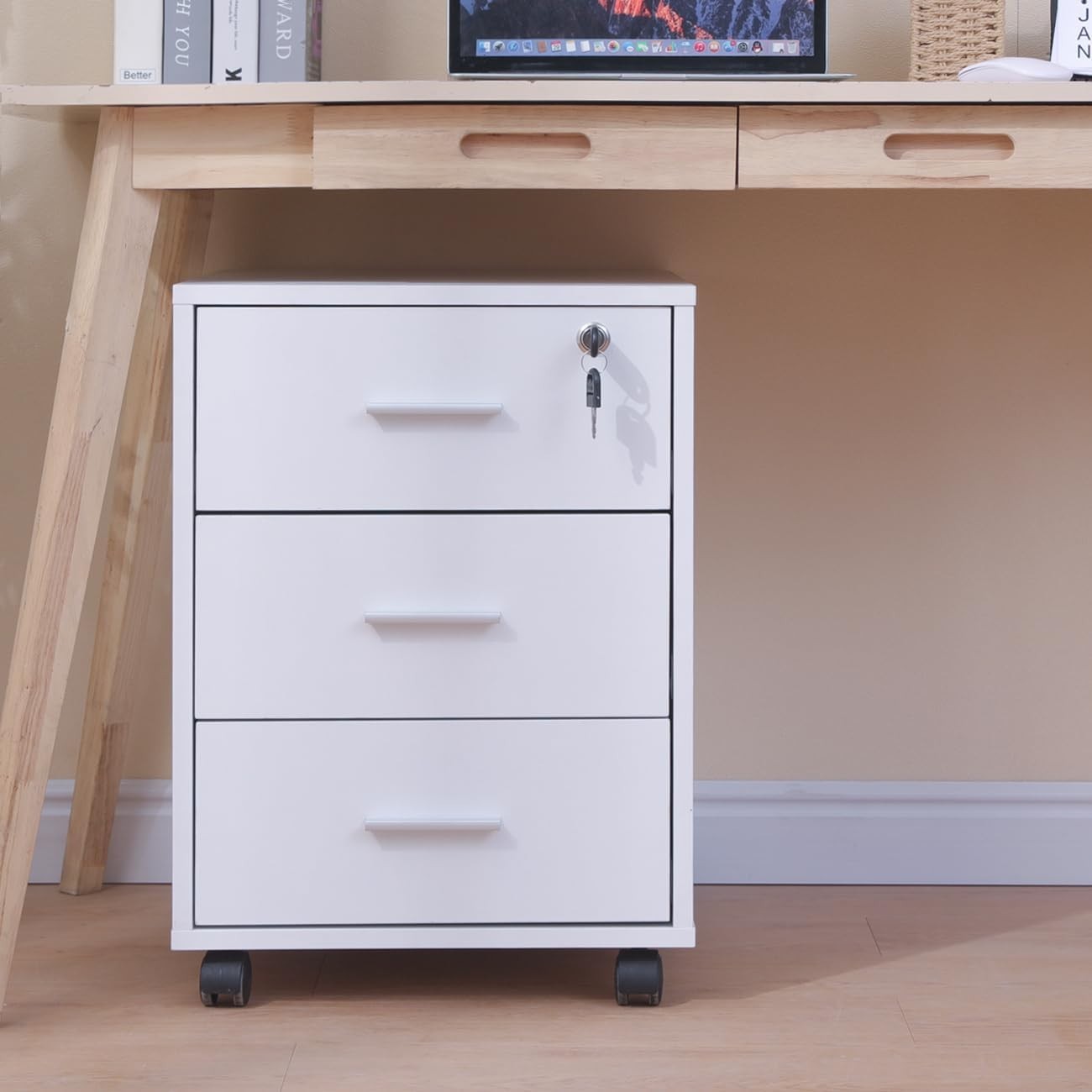 White Lockable Mobile Filing Cabinet 3 Drawer Under Desk Printer Stand