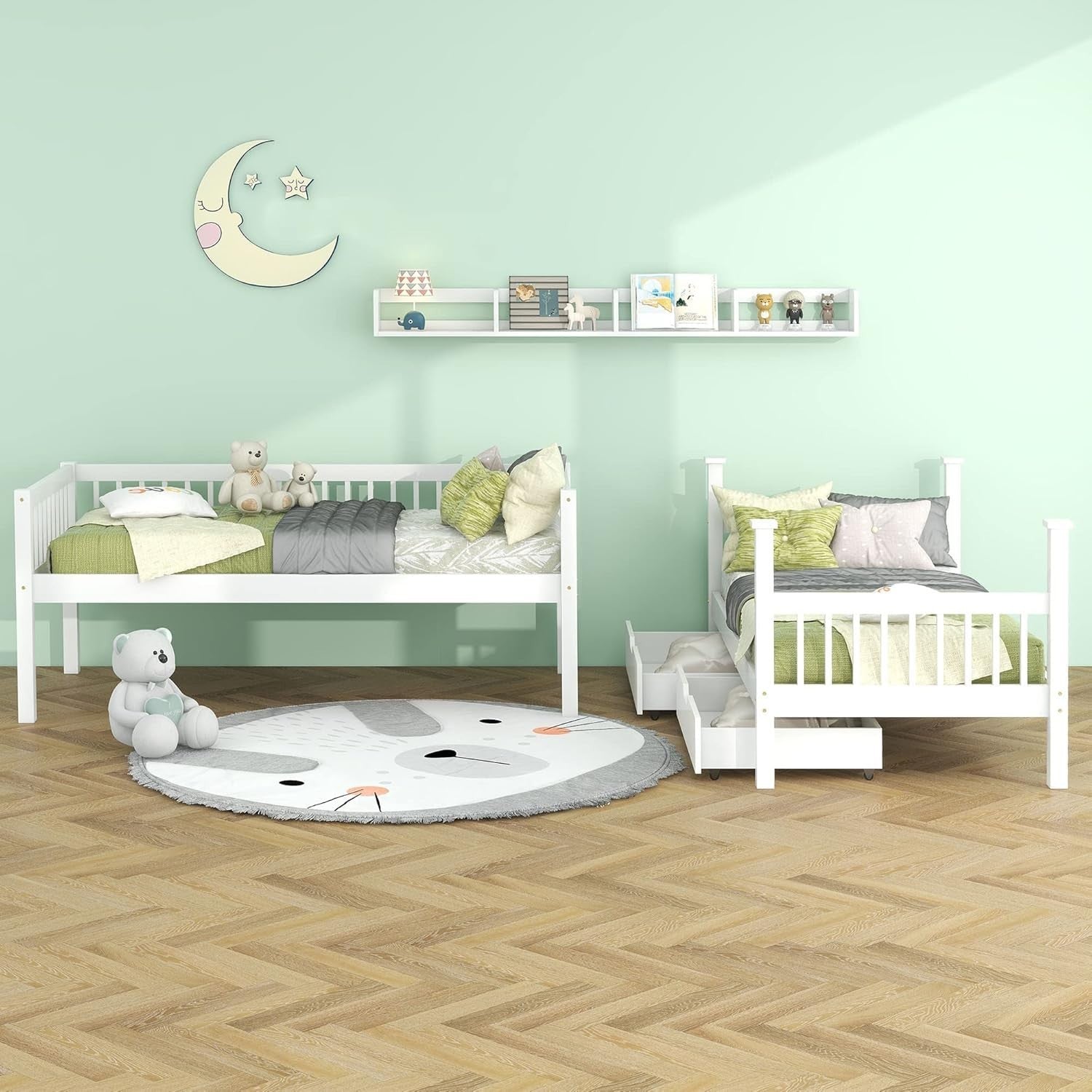 Twin Bunk Bed with Storage Drawers Kids Safe Solid Wood 90x190cm White