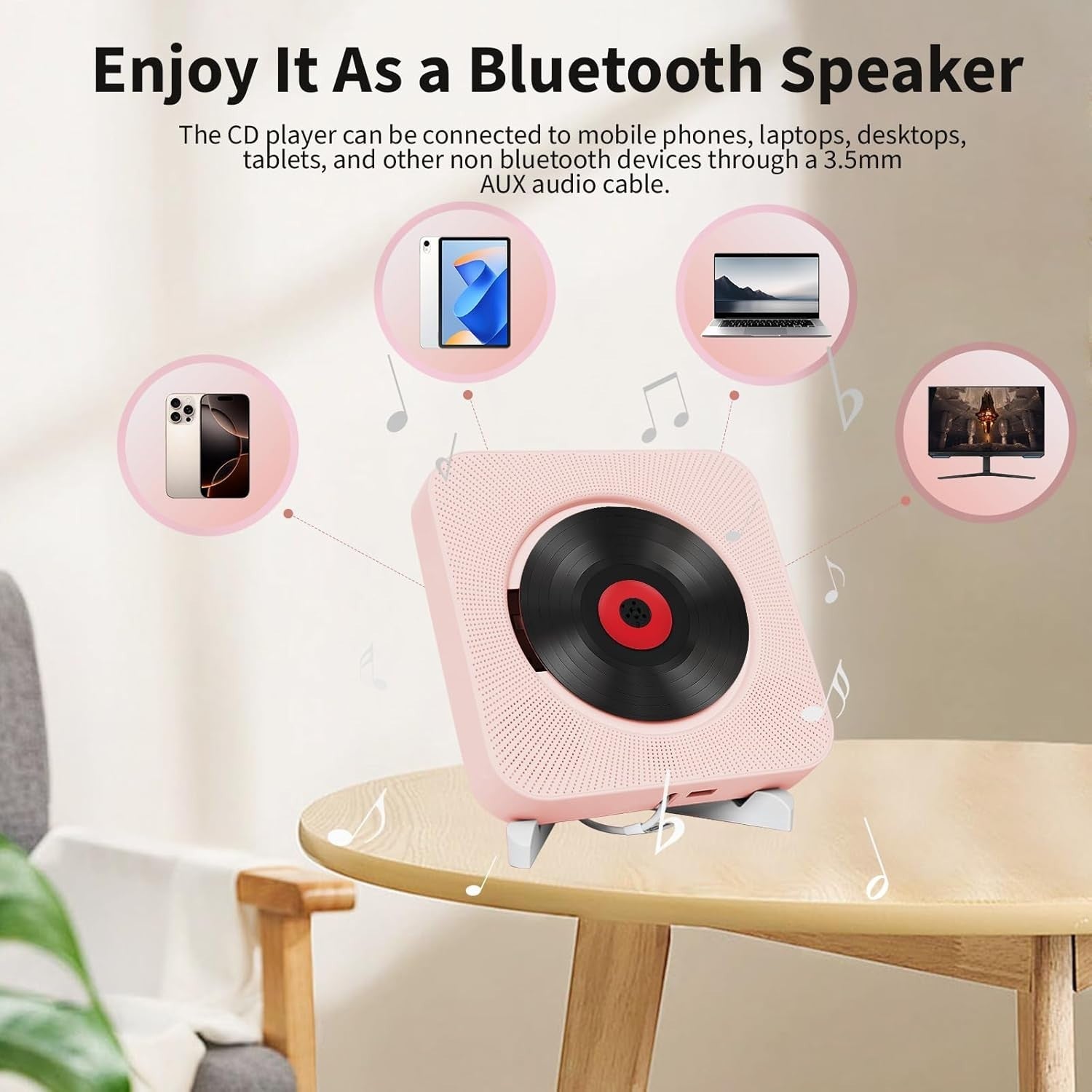 Pink Bluetooth CD Player Wall Mount Desktop HiFi Speakers FM Radio Remote