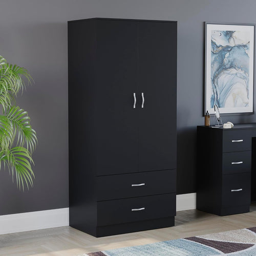 Black 2 Door Wardrobe With Drawers & Rail, Modern Storage Bedroom Unit