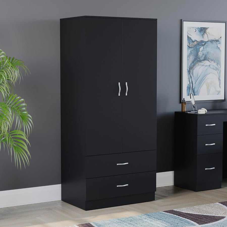 Black 2 Door Wardrobe With Drawers & Rail, Modern Storage Bedroom Unit