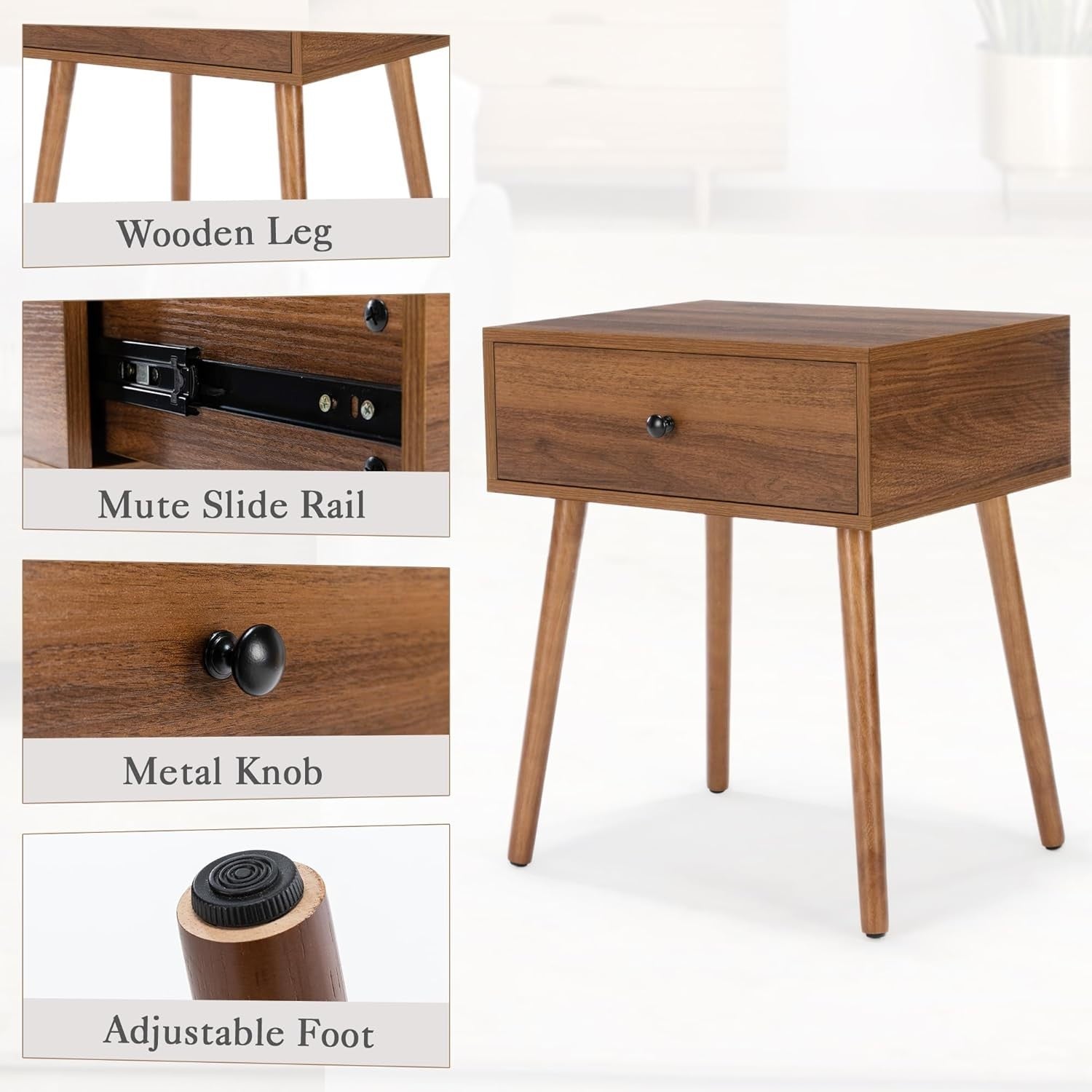 Mid Century Walnut Bedside Table with Drawer & Hidden Storage Shelf